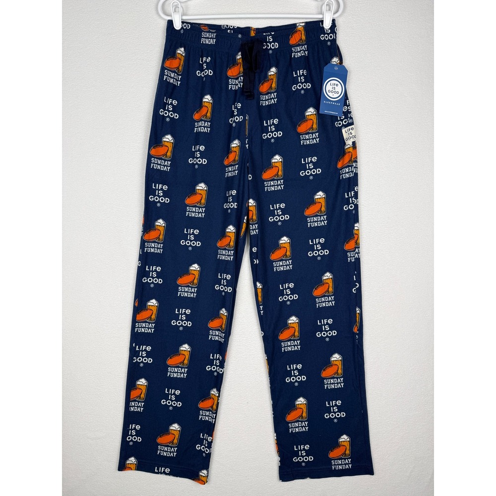 NEW Life is Good Mens M Sunday Funday Football Beer Pajama Pants‎ Navy Blue